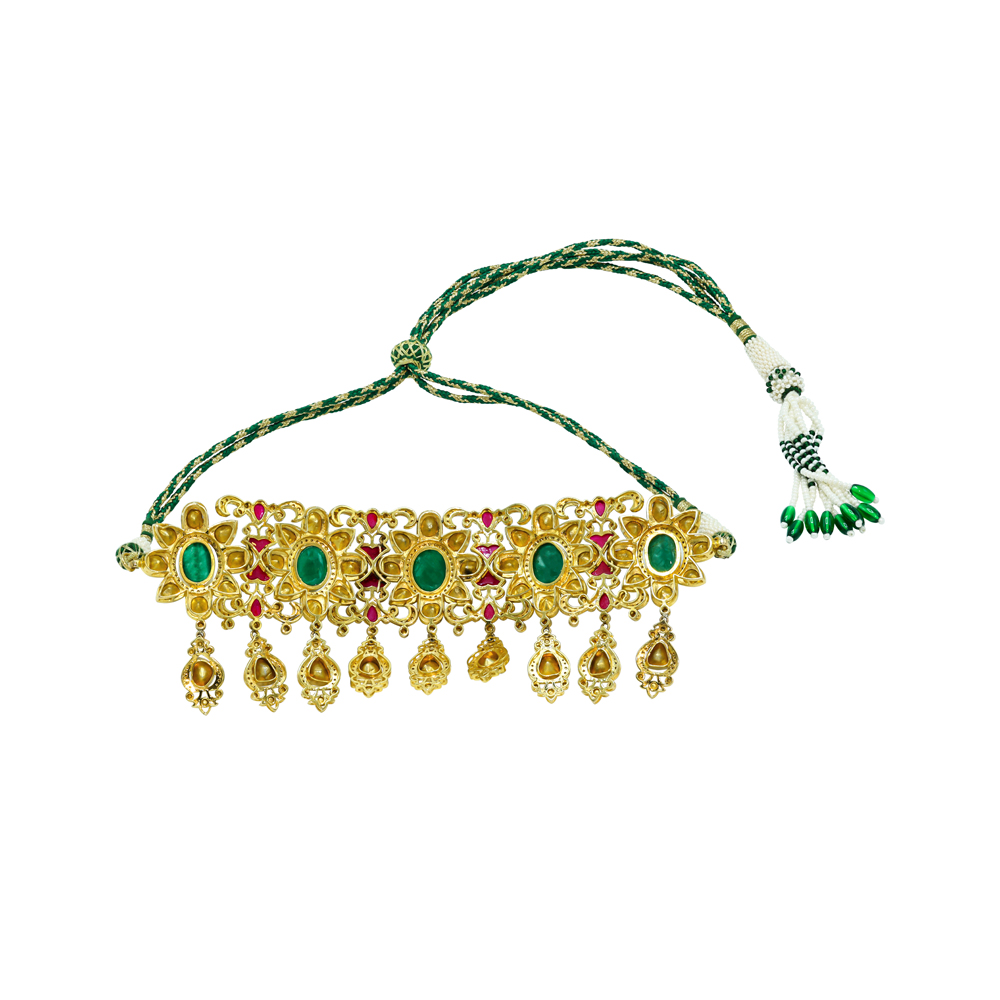 Fusion Choker with Emerald Cabochons, Rubies, and Polki